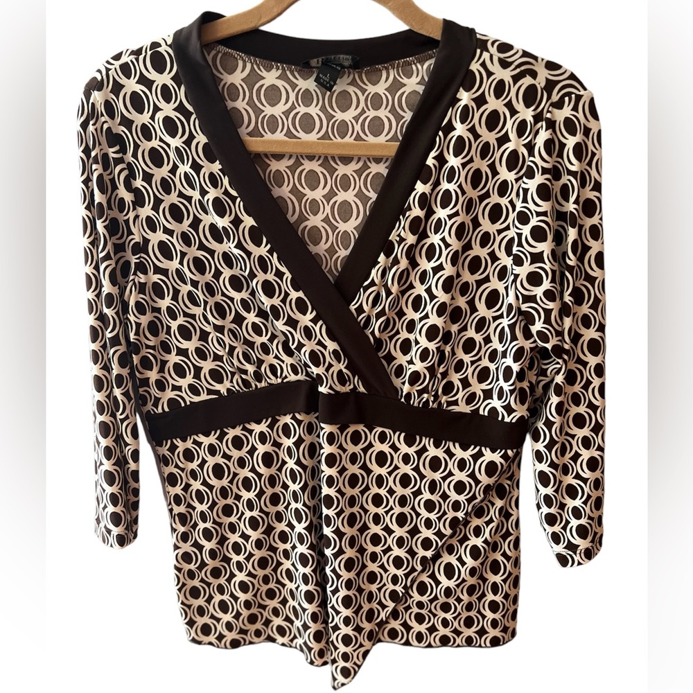 AB Studio Brown and Cream Circular Design Blouse.  Size = Large